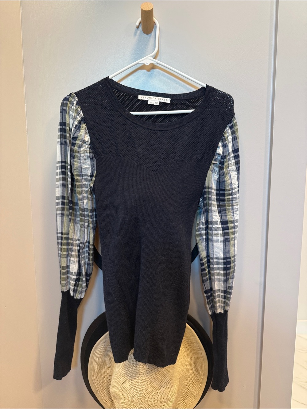 Veronica Beard navy blue mixed media Top with Plaid Puff Sleeves